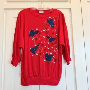 HMJ Vintage Dolman Top Medium Red Beaded Denim Patch 80s 90s USA